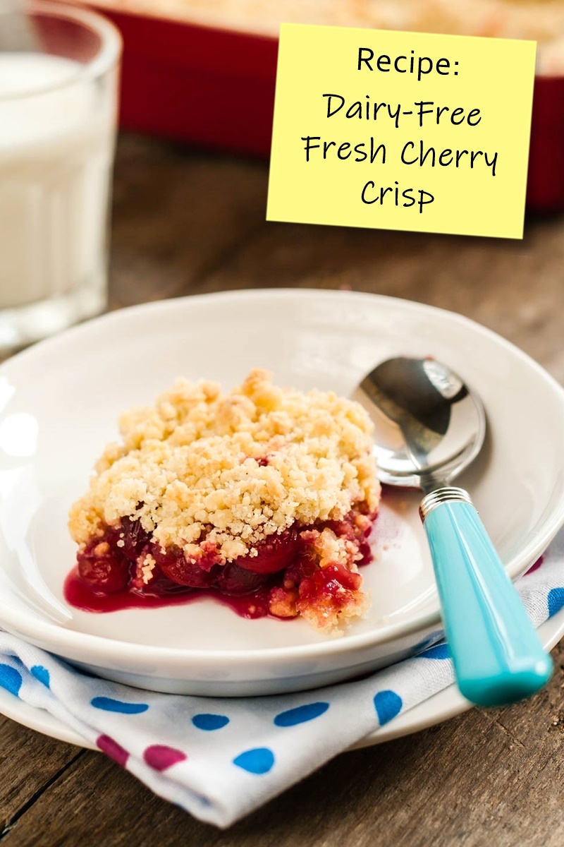 Dairy-Free Fresh Cherry Crisp Recipe - made with a buttery vegan crumble topping. Includes oat-free and oat options