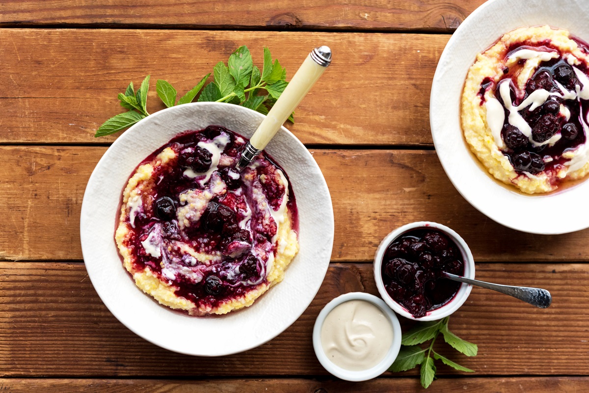 Creamy Berry-Full Breakfast Polenta with Simple Cashew Cream - 2 sample recipes from Vegan Yack Attack on the Go! by Jackie Sobon