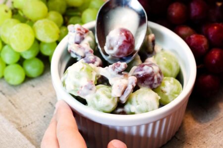 Dairy-Free Grape Salad Recipe that Kids Love to Make and Eat! Also vegan, gluten-free, and optionally allergy-friendly.