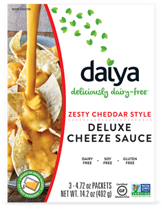 Daiya Deluxe Cheeze Sauce - convenient, shelf-stable, ready to serve packets of dairy-free, vegan, gluten-free, allergy-friendly cheese and alfredo sauces.