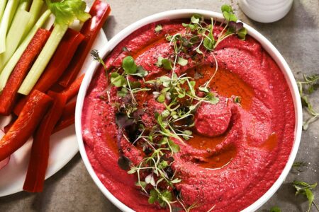 Healthy Beet Hummus Recipe - your naturally dairy-free, gluten-free, vegan, and allergy-friendly staple! Just a handful of ingredients.