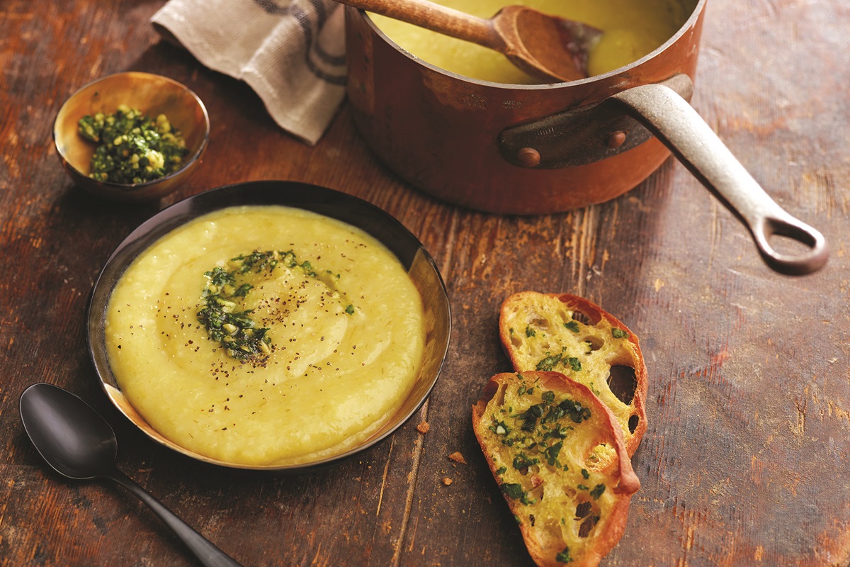 Rustic Tuscan Potato Leek Soup with Olive Oil Pesto