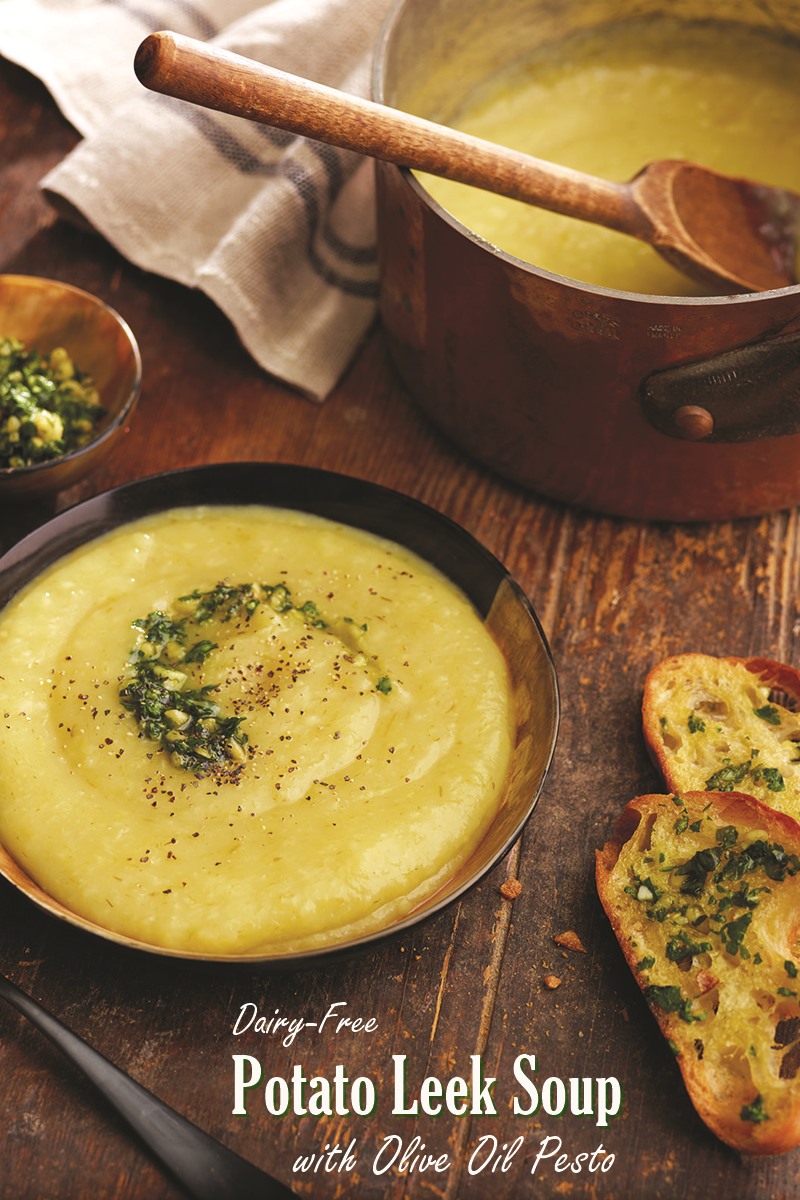 Rustic Dairy-Free Potato Leek Soup Recipe with Easy Homemade Vegan Basil-Parsley Pesto for a Plant-Based Taste of Tuscany