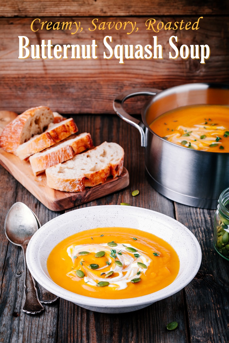 Creamy Roasted Butternut Squash Soup Recipe - dairy-free, vegan, and even paleo - a savory soup with natural underlying sweetness from the roasted vegetables