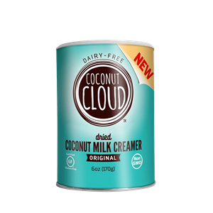 Coconut Cloud Powdered Coconut Milk Creamer Reviews and Info - Dairy-Free, Soy-Free, Carrageenan-free, and Vegan. Sold in canisters, bags, and single serves. Pictured: Original with MCT