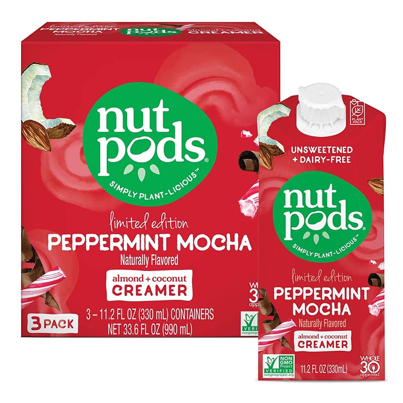 The Best Dairy-Free Chocolate Peppermint Treats (all vegan too!) - from chocolate bark to cookies, coffee to creamers, and even fondant! Pictured: Nutpods Peppermint Mocha Creamer
