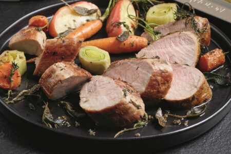 Pan-Roasted Pork Tenderloin and Vegetables with Apple Cider Glaze Recipe - naturally dairy-free, gluten-free, nut-free, soy-free, and food allergy-friendly. By Chef Scott