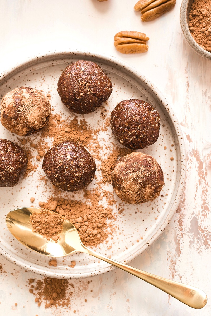 Chocolate Cherry Pecan Energy Balls Recipe - quick snack bites for anytime energy. Plant-based, vegan, gluten-free, and healthy.