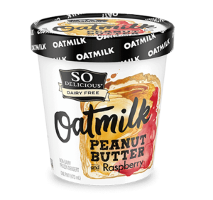 So Delicious Oatmilk Frozen Dessert - Dairy-Free Ice Cream in New Cool, Creamy Flavors (vegan, gluten-free, nut-free, soy-free) - includes ingredients, allergen details, more product info and user reviews! Pictured: Peanut Butter & Raspberry