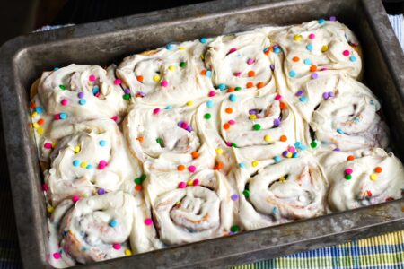 Vegan Birthday Cake Cinnamon Rolls Recipe - Dairy-Free and Egg-Free Kids Can Cook Treat for Mother's Day or any special day.