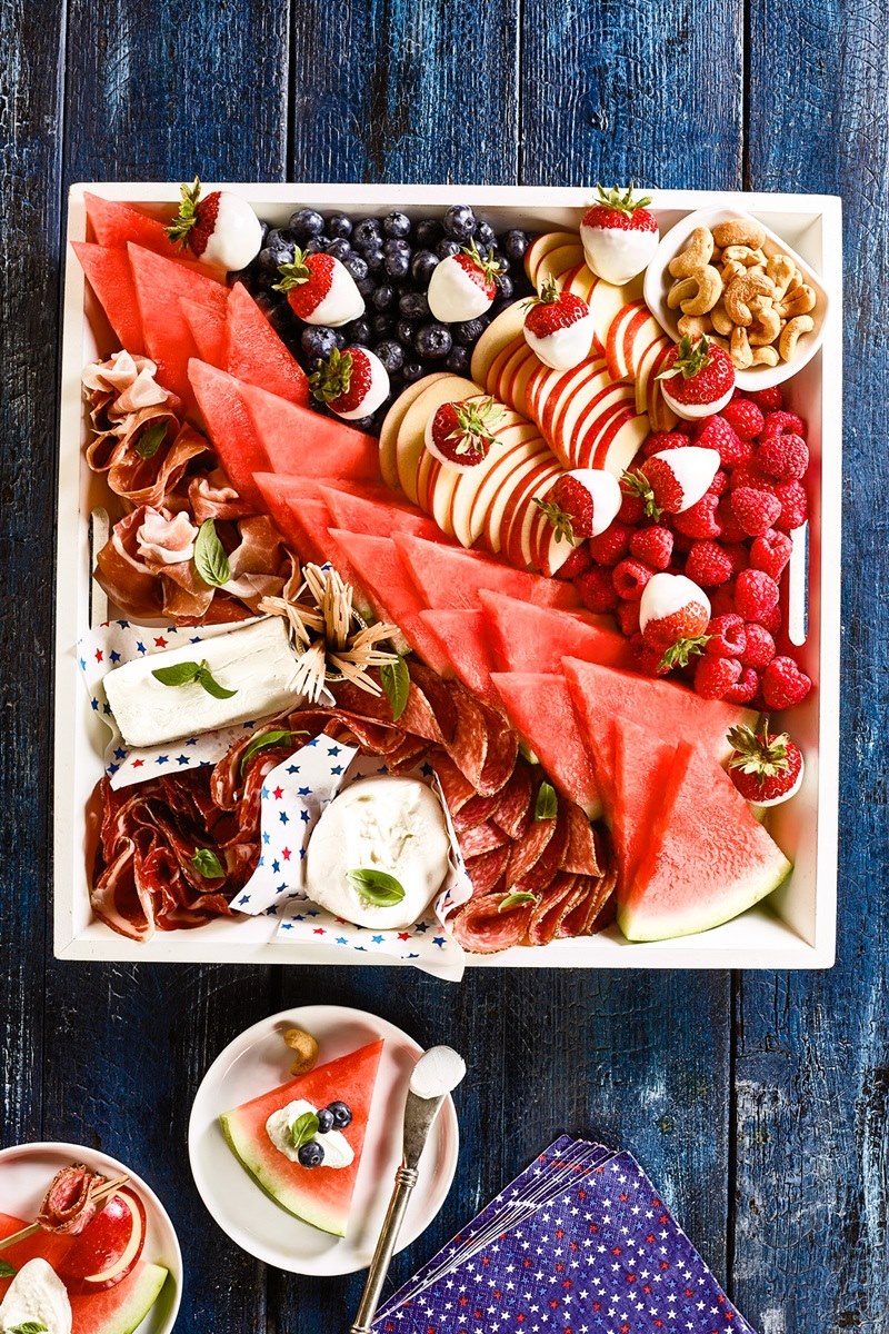 5 Easy, Fun & Delicious Dairy-Free Recipes for a Patriotic Picnic (angel food cake flag, festive infused water, patriotic parfaits, fruity charcuterie board, stars and stripes salad) 