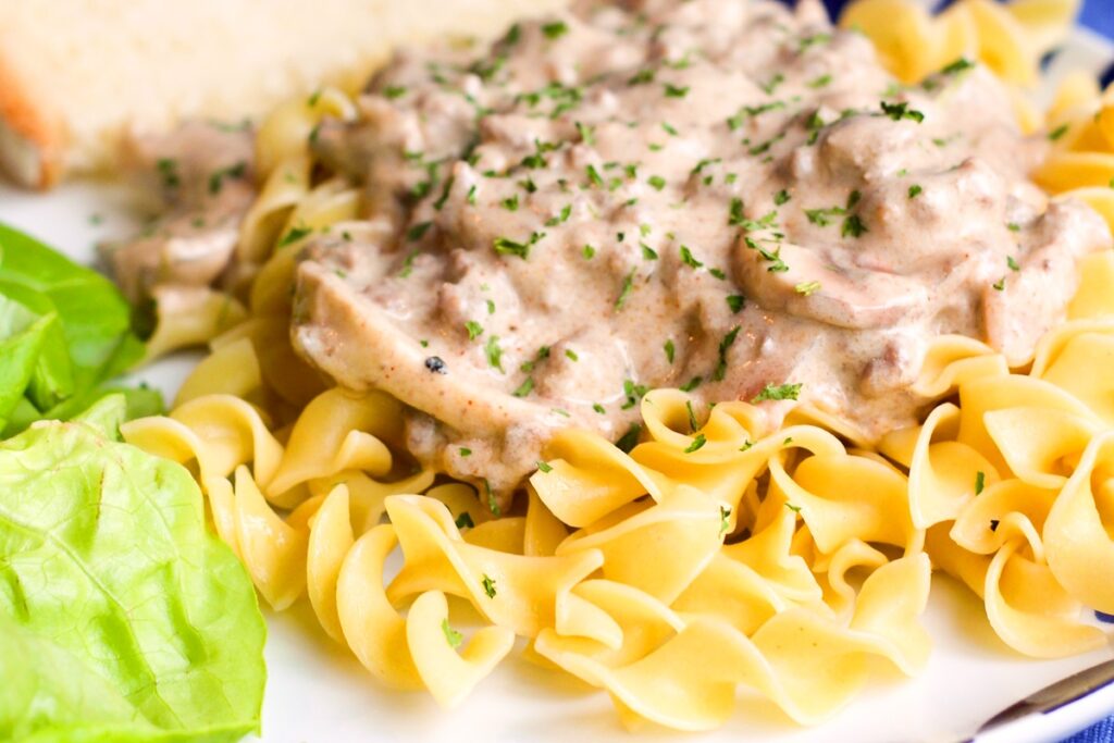 Dairy-Free Beef Stroganoff Recipe for a Quick and Easy Weeknight Meal. Includes gluten-free, soy-free, nut-free, turkey, and vegan options.