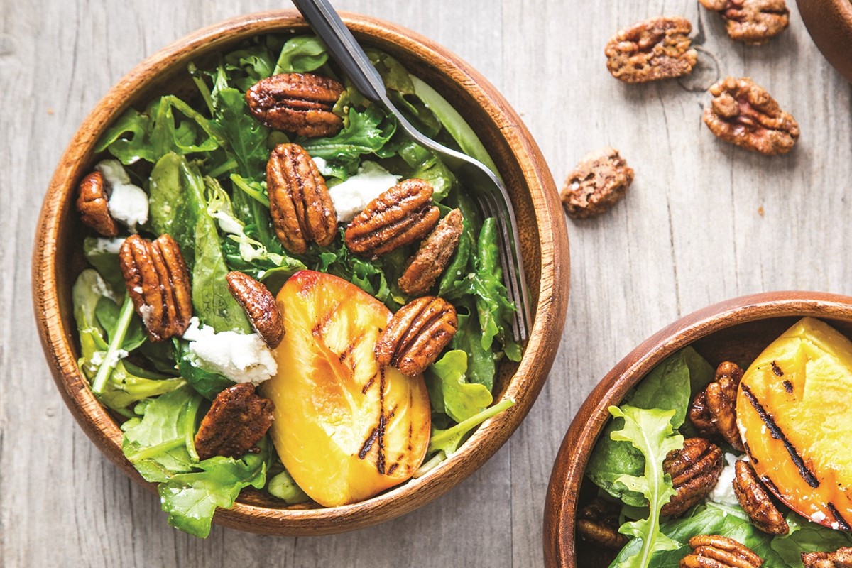 Grilled Peach Salad Recipe with Spiced Pecans and Dairy-Free 