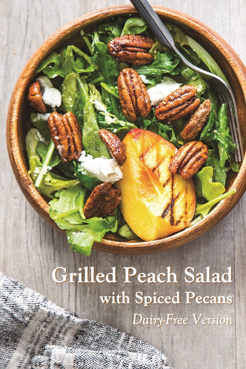 Grilled Peach Salad Recipe with Spiced Pecans and Dairy-Free "Goat Cheese"