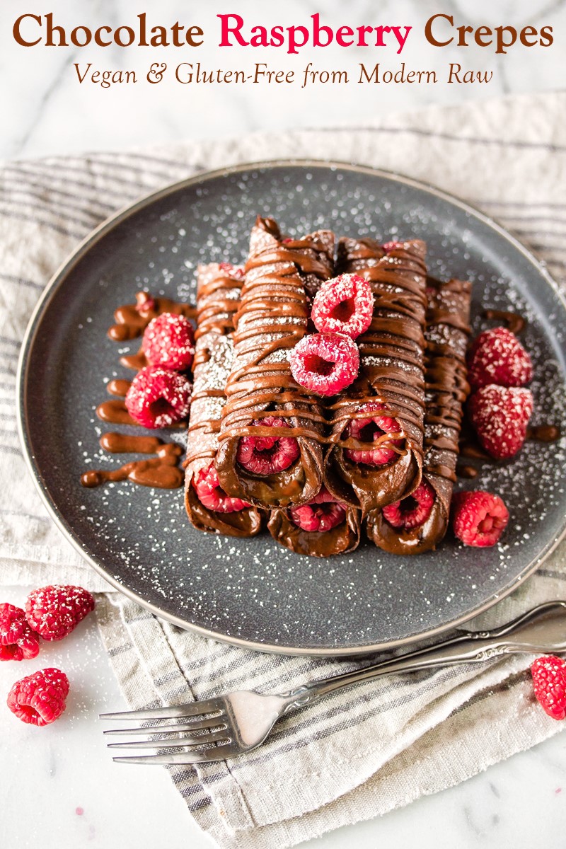 Raw Chocolate Raspberry Crepes Recipe from Modern Raw. 3 Recipes in 1: Cocoa-Flax Crepes, Chocolate Ganache, and Chocolate Sauce. All Vegan, Gluten-Free, Dairy-Free, and Soy-Free.