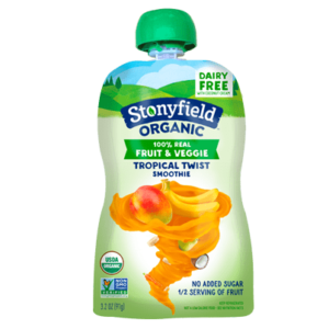Stonyfield Dairy-Free Smoothie Pouches with 4 Fruits and Veggies. Available in 3 plant-based flavors. We have all of the information.