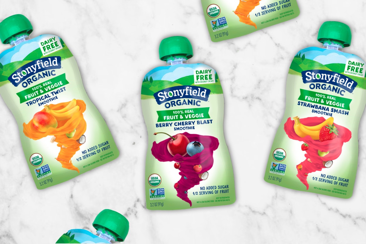 Stonyfield Dairy-Free Smoothie Pouches with 4 Fruits and Veggies. Available in 3 plant-based flavors. We have all of the information.