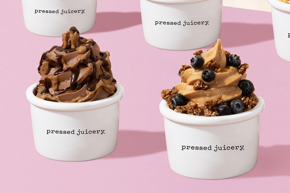 Pressed Juicery Guide to Dairy-Free, Vegan, and Gluten-Free Menu Items. Includes ingredients for plant-based Freeze soft serve, plus toppings options.