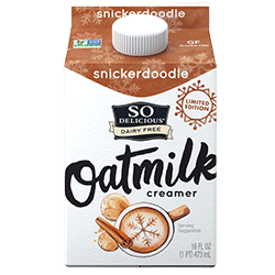So Delicious Oatmilk Creamers Reviews & Info - launching in three flavors: Original (with brown sugar flavor), Vanilla, and Snickerdoodle. All dairy-free, gluten-free, soy-free, and vegan. Pictured: Snickerdoodle