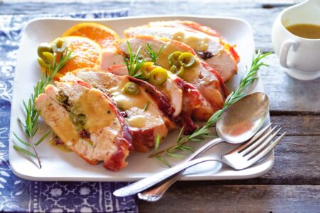Dairy-Free Stuffed Turkey Breast Recipe Wrapped in Prosciutto and Served with Turkey Gravy (gluten-free and paleo optional)