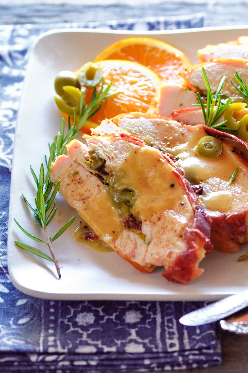 Dairy-Free Stuffed Turkey Breast Recipe Wrapped in Prosciutto and Served with Turkey Gravy (gluten-free and paleo optional)