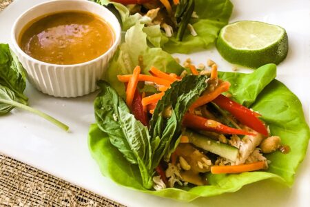 Thai Chicken Lettuce Wraps Recipe with Creamy Peanut Sauce (Dairy-Free, Gluten-Free Entree or Appetizer)