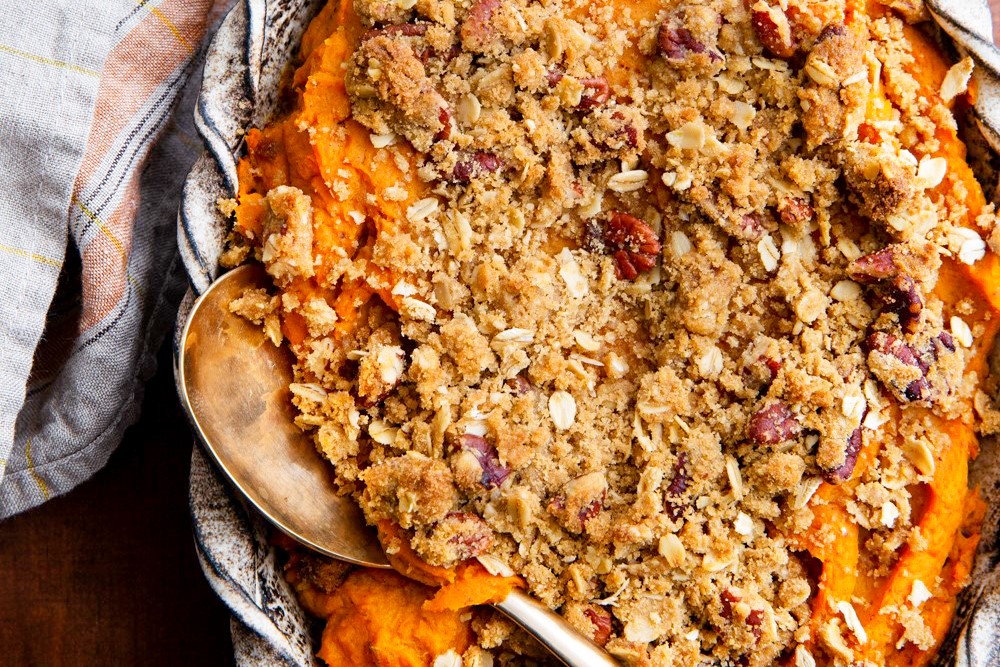 Vegan Sweet Potato Casserole Recipe with Gluten-Free Option - just like the classic crumble recipe but dairy-free and egg-free (no marshmallows!)
