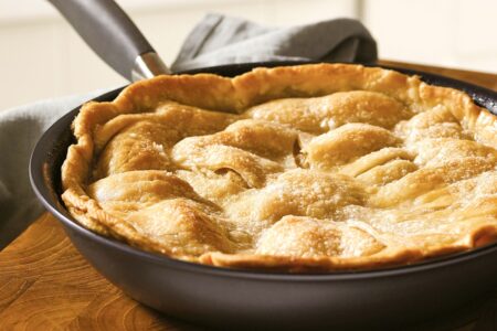 Dairy-Free Skillet Apple Pie Recipe - also vegan and optionally allergy-friendly. Easy stovetop to oven recipe with sweet, bubbly apples