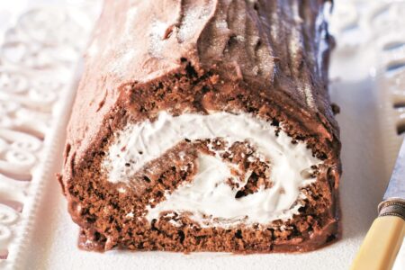 Vegan Yule Log Recipe - also known as Bûche de Noël or Chocolate Roll Cake with Dairy-Free Cream Filling and Chocolate Ganache