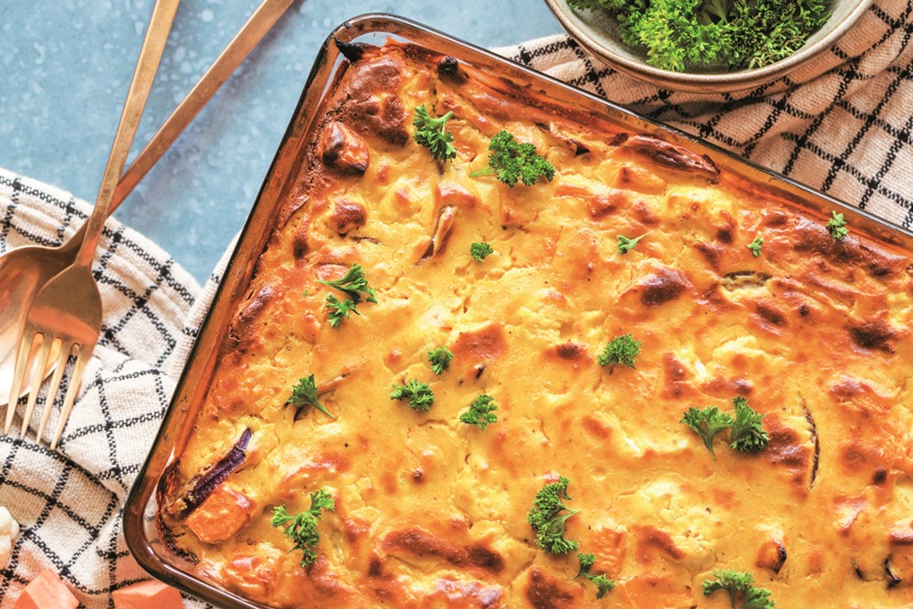 Easy Cheesy Plant-Based Casserole Recipe with Sweet Potatoes and Cauliflower