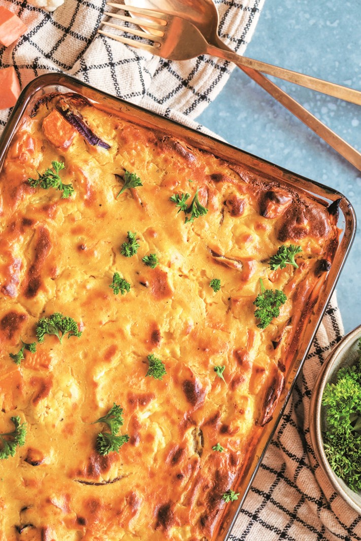 Easy Cheesy Plant-Based Casserole Recipe with Sweet Potatoes and Cauliflower (vegan, gluten-free, dairy-free, egg-free, and optionally soy-free!)