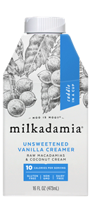 Milkadamia Creamer Reviews and Info - Dairy-Free, Vegan, and Keto-Friendly Creamers in Sweetened & Unsweetened varieties, and made with raw macadamias and coconut cream. We have ingredients, nutrition, availability, and more.