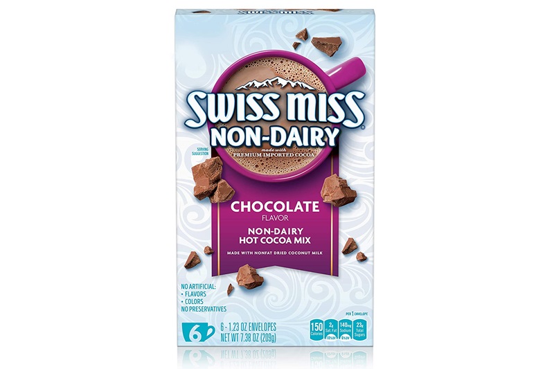 Best Dairy-Free Hot Chocolate Mixes + a complete list of Vegan Hot Cocoa Mixes. Pictured: Non-Dairy Swiss Miss