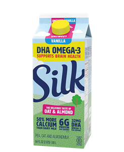 Silk DHA Omega-3 Plant-Based Milk made with Almondmilk, Oatmilk, and Pea Protein. We have Reviews and Info
