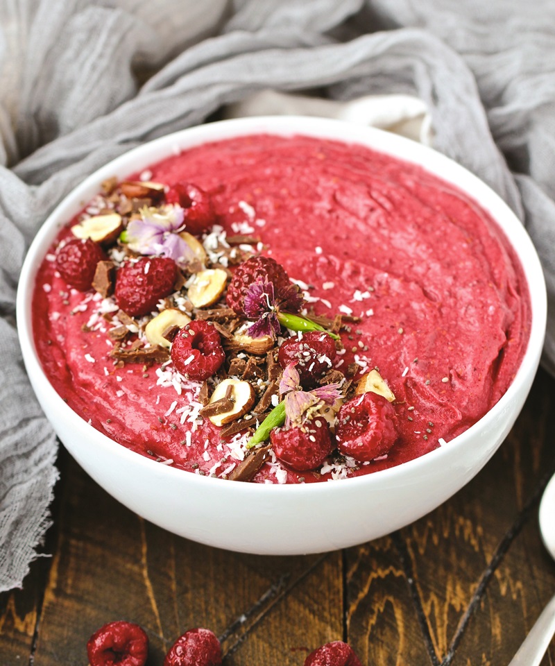 Dairy-Free Raspberry Smoothie Bowls Recipe - no added sugar, plant-based, healthy, paleo, and delicious. Sweet-tart, refreshing, and lightly creamy.