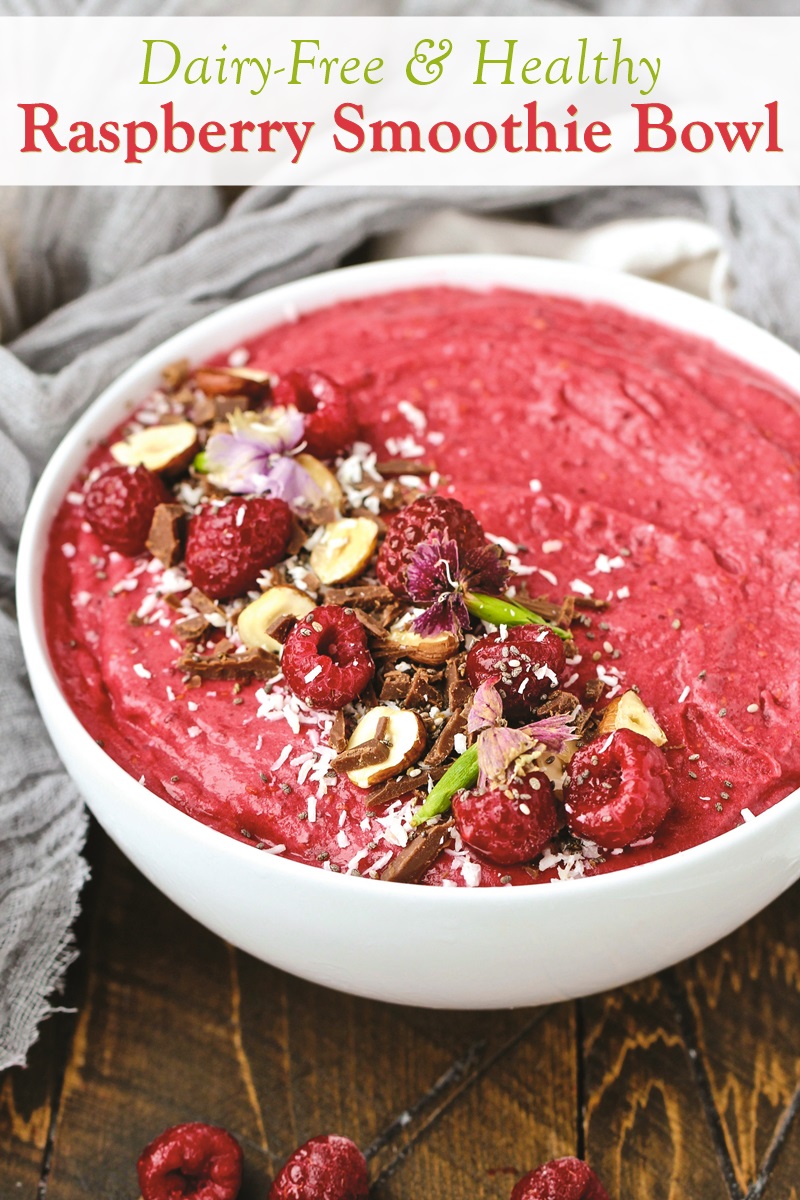 Dairy-Free Raspberry Smoothie Bowls Recipe - no added sugar, plant-based, healthy, paleo, and delicious. Sweet-tart, refreshing, and lightly creamy.