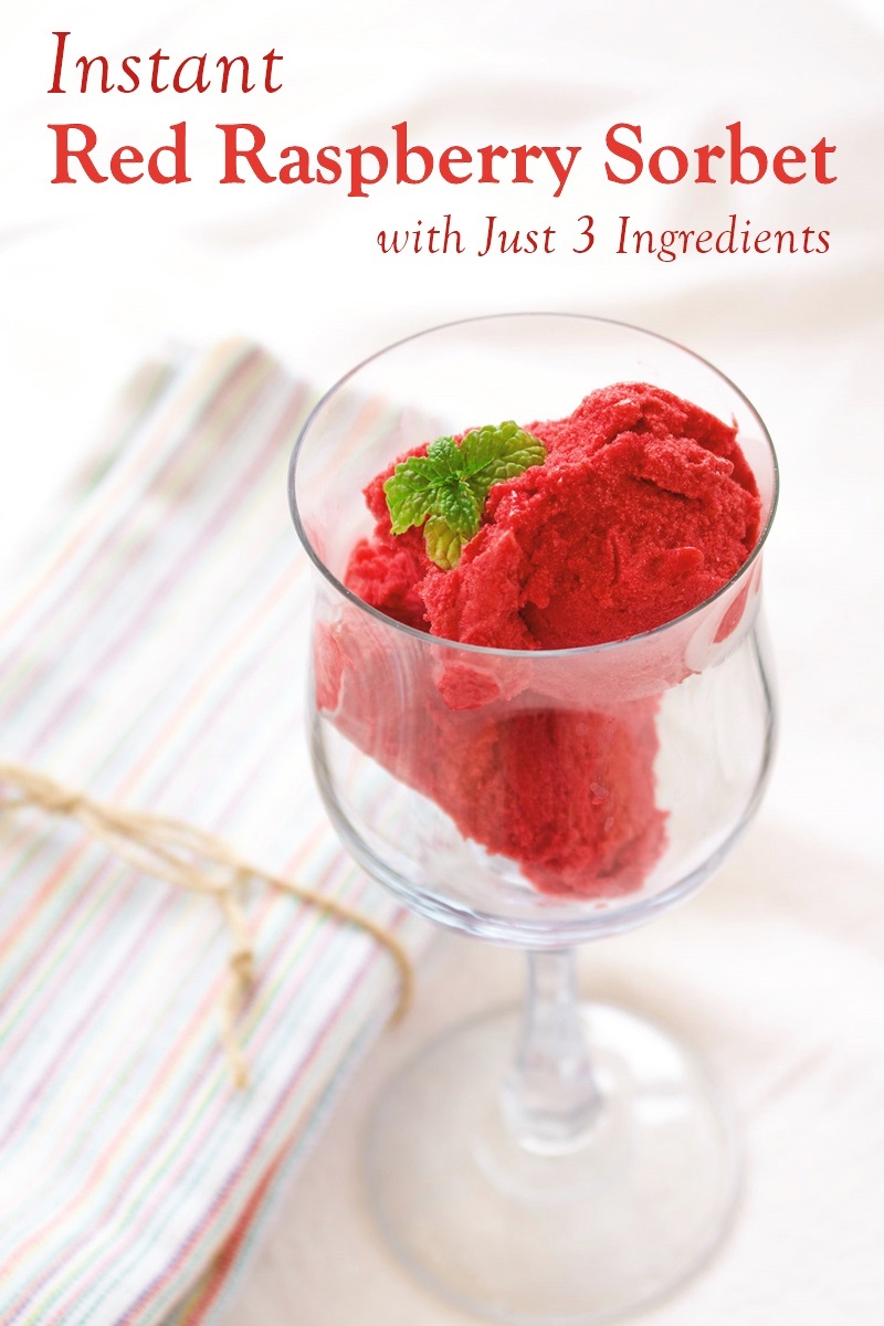 Instant Red Raspberry Sorbet Recipe with Just 3 Ingredients! Naturally dairy-free, gluten-free, nut-free, and soy-free with egg-free and vegan option.