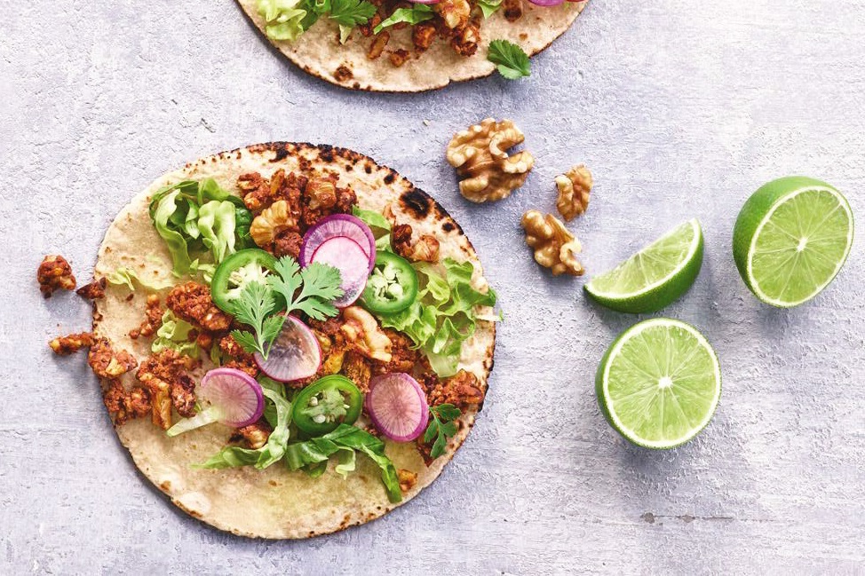 Plant-Based Chorizo Tacos Recipe with Quick Pickled Vegetables - naturally dairy-free, soy-free, and vegan, with gluten-free option. The flavorful chorizo is made healthy with walnuts and black beans