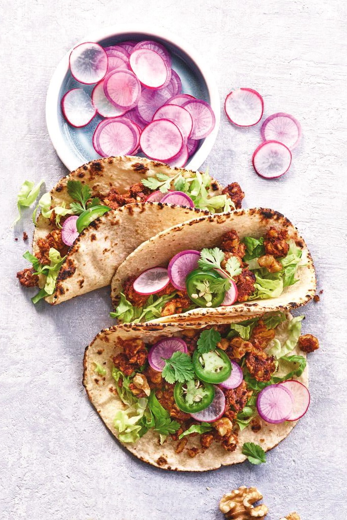 Plant-Based Chorizo Tacos Recipe with Quick Pickled Vegetables - naturally dairy-free, soy-free, and vegan, with gluten-free option. The flavorful chorizo is made healthy with walnuts and black beans