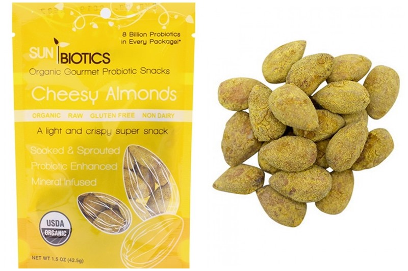 The Best Crunchy Cheesy Dairy-Free Snacks - from crackers to chips, puffs to popcorn, and more! Vegan, Gluten-Free, and Grain-Free Options. Pictured: Sunbiotics Cheesy Probiotic Almonds