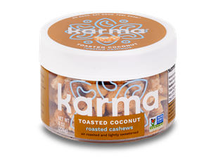 Karma Nuts Wrapped and Roasted Cashews Reviews and Info (Dairy-Free, Oil-Free, Gluten-Free, Vegan). Ingredients, availability, and more. Pictured: Toasted Coconut