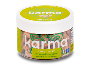 Karma Nuts Wrapped and Roasted Cashews Reviews and Info (Dairy-Free, Oil-Free, Gluten-Free, Vegan). Ingredients, availability, and more. Pictured: Lime Twist