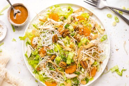Healthy Chinese Chicken Salad Recipe with Plant-Based, Gluten-Free & Oil-Free Options and a Rich Pecan Dressing
