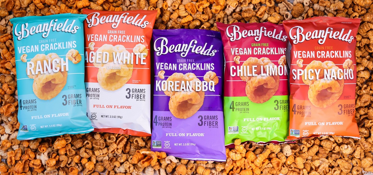 The Best Crunchy Cheesy Dairy-Free Snacks - from crackers to chips, puffs to popcorn, and more! Vegan, Gluten-Free, and Grain-Free Options. Pictured: Beanfields Vegan Cracklins