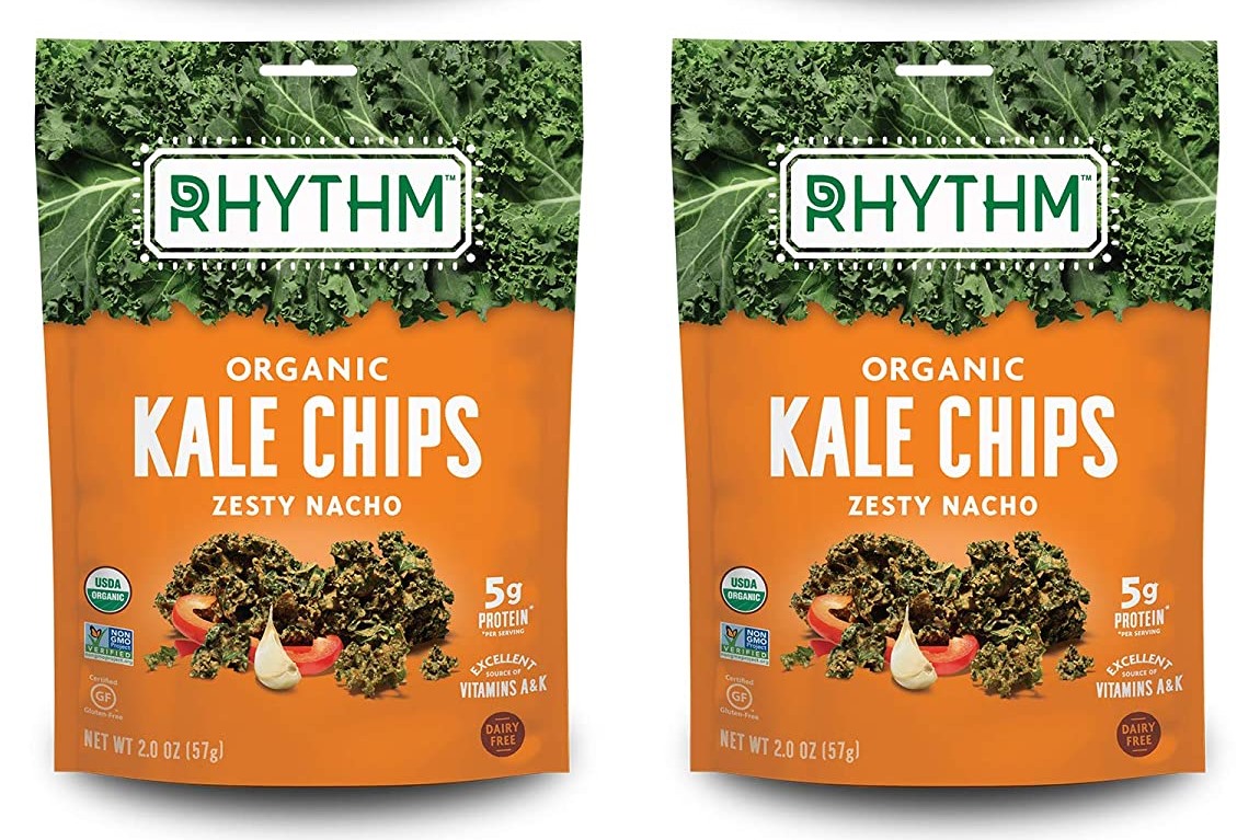 The Best Crunchy Cheesy Dairy-Free Snacks - from crackers to chips, puffs to popcorn, and more! Vegan, Gluten-Free, and Grain-Free Options. Pictured: Rhythm Zesty Nacho Kale Chips