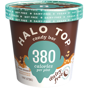 Halo Top Dairy-Free Frozen Dessert - vegan, soy-free and many gluten-free ice cream pint flavors that are low calorie, low sugar, and high protein. Pictured: Candy Bar