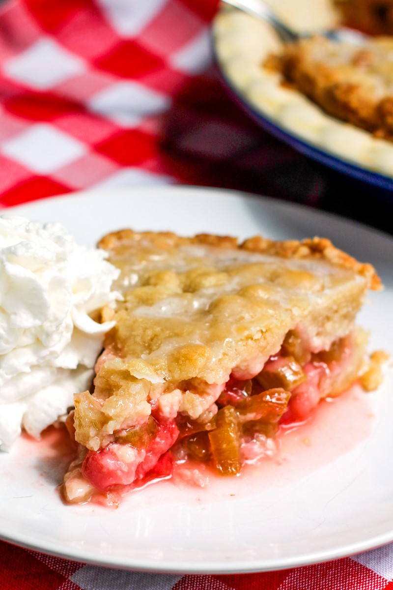 Dairy-Free Rhubarb Pie Recipe - with easy press-in oil pie crust and cobbled topping. Delicious glaze contrasts tart rhubarb. Also vegan, egg-free, nut-free, and soy-free.