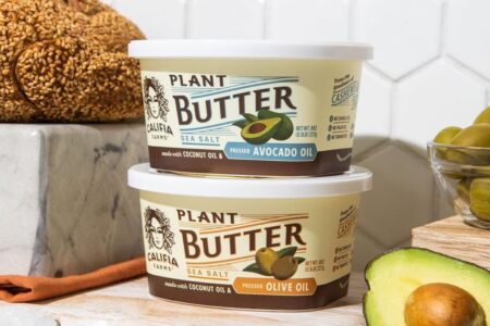 Califia Farms Plant Butter is a cultured dairy-free, gluten-free, soy-free, vegan spread. Pictured: both varieties