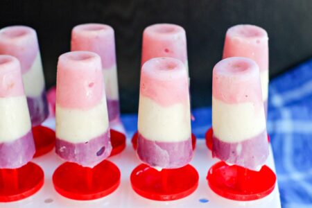 Dairy-Free Frozen Yogurt Breakfast Pops Recipe shown in fun 4th of july "red, white, and blue" layers. Vegan, plant-based, and optionally allergy-friendly.
