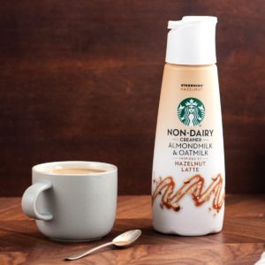 Starbucks Non-Dairy Creamers Reviews and Info - dairy-free, soy-free, vegan coffee creamers from the Starbucks at Home brand. Pictured: Hazelnut Latte